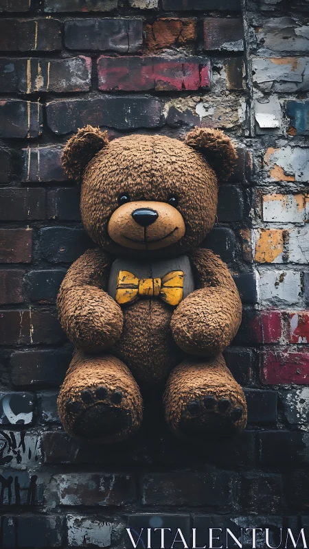 Teddy bear with golden bowtie brightening a gritty brick wall.