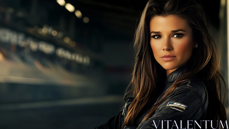 Confident female racer gazes forward in moody pit lane.