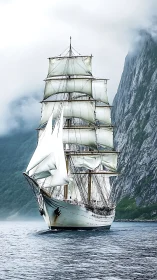 Tall white sailing ship moving through misty coastal fjord.