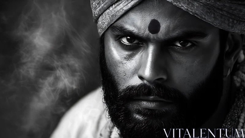 Storm-eyed mystic in monochrome smoke and shadow gaze.