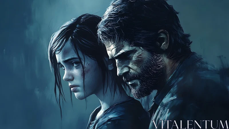 Side profile of two somber figures in blue-toned portrait.