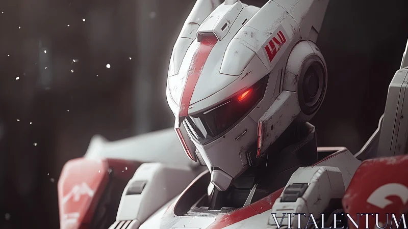White combat mecha helmet with glowing red visor detail.