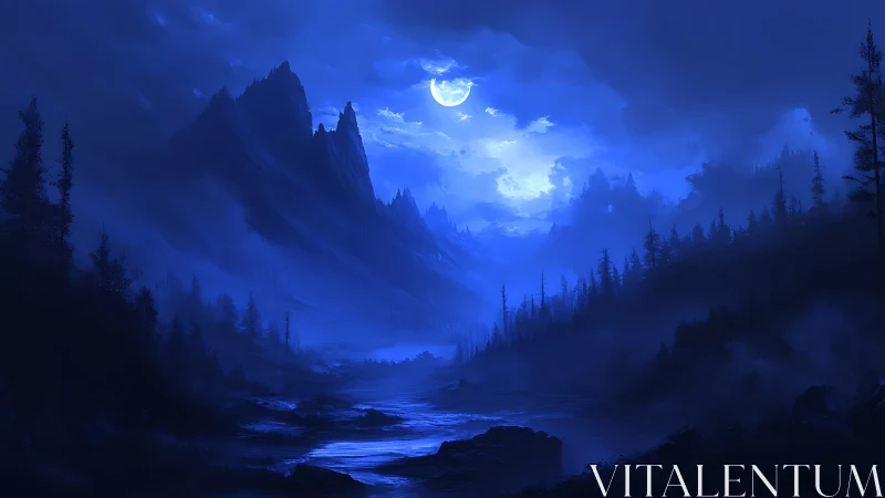 Midnight moon pours blue fire over haunted mountain pines