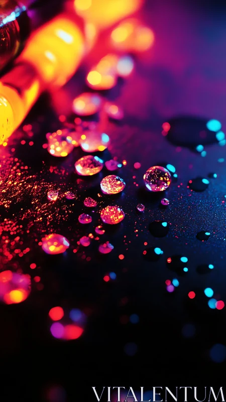 Neon droplets reflect vivid bokeh across dark textured surface