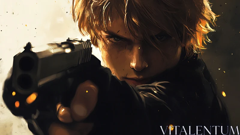 Blond individual aims handgun in close frontal perspective