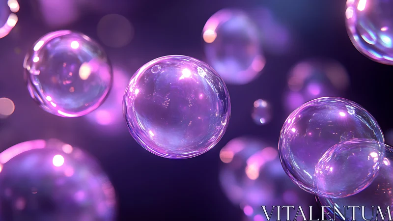 Iridescent translucent bubbles in violet illuminated environment.
