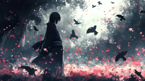 Solitary wanderer walks through crows and drifting petals