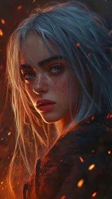 Digital portrait depicts silver-haired subject amid embers