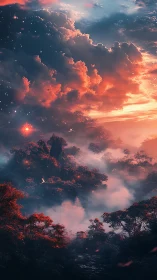 Crimson clouds drift over a misty forest of silent embers