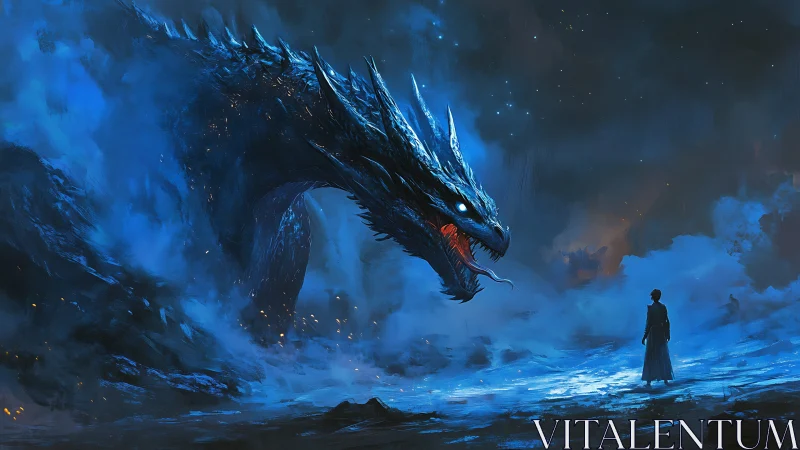 Large blue dragon confronting lone human in icy landscape.