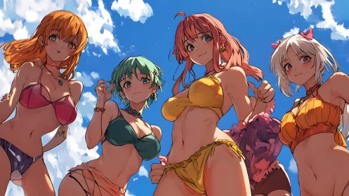 Anime beach friends pose under a vivid summer sky together