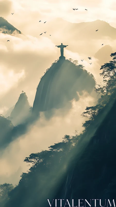 Statue crowns misty Rio peak as golden sunrise breaks
