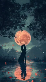 Silhouetted Couple Embracing Beneath Luminous Full Moon Over Water.