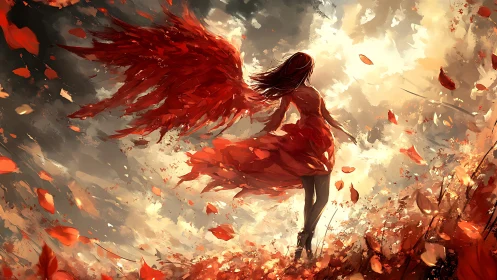 Girl with crimson wings standing in a storm of autumn light.