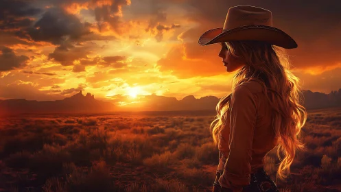 Cowgirl stands in profile against illuminated desert sunset