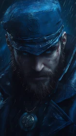Stormlit sea captain glares through rain with scarred resolve.