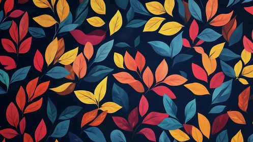 Colorful stylized leaves form dense seamless pattern on navy