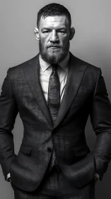 Monochrome male portrait in textured tailored suit styling.
