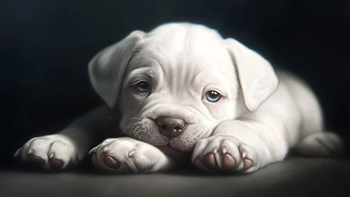 White puppy rendered in soft-focus photoreal digital painting