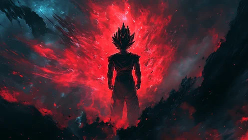 Crimson storm hero standing calm inside a cosmic blast.