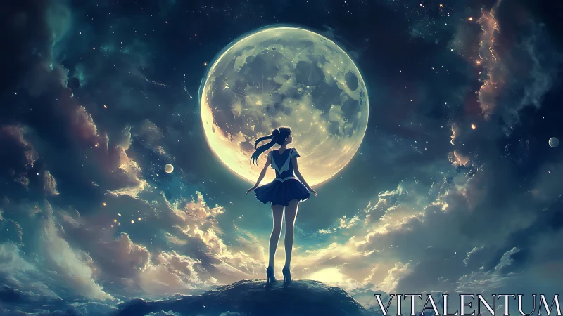 Girl stands before a luminous moon in a dreamlike cosmos