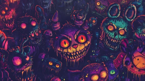 Neon-lit grotesque animatronic horde with dripping textures