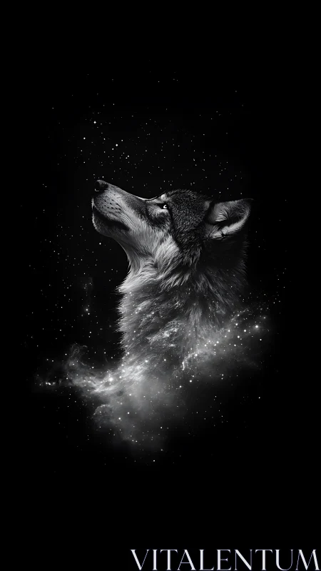 Stargazing wolf dissolves into a luminous cosmic nebula.