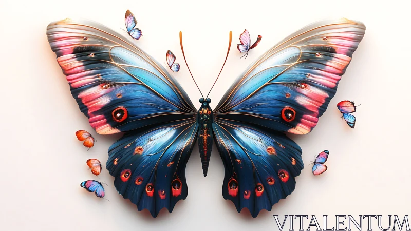 Iridescent blue butterfly spreads luminous painted wings.