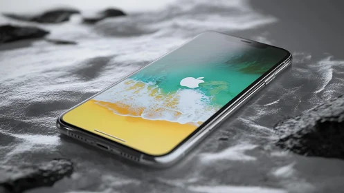 Smartphone lies on textured surface with active display visible