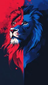 Color-split lion gazes through fire and frost in bold symmetry