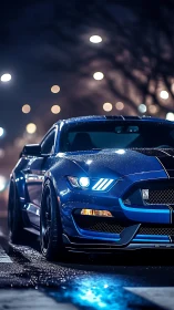Blue muscle car glows against rainy neon city street at night.
