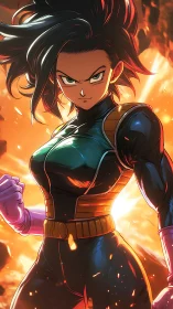 Fierce anime warrior stands unshaken amid blazing impact