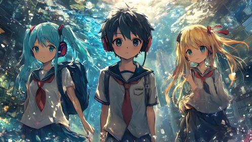 Submerged cityscape with three anime students in refracted light.