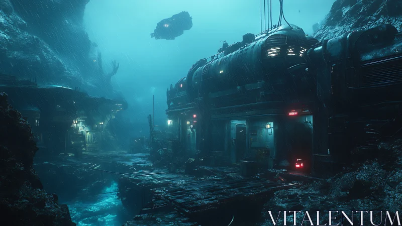 Midnight outpost beneath the stormy neon-blue abyss.