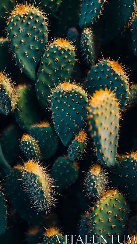 Glowing desert cacti sharing soft golden evening light.
