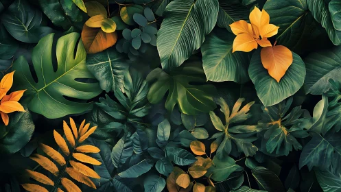 Lush tropical foliage glows with golden accents in darkness