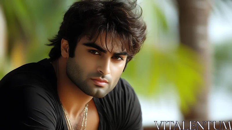 Moody tropical portrait of brooding man in soft daylight.