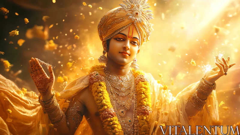 Golden robed deity figure with garlands and raised hands.