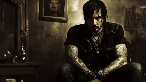 Brooding tattooed rocker broods in a dim, haunted parlor.