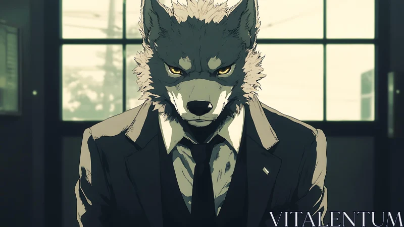 Anthropomorphic wolf in business suit before window scene.