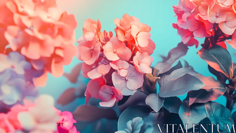 Coral Hydrangea Blooms Against Turquoise Sky with Luminous Backlighting