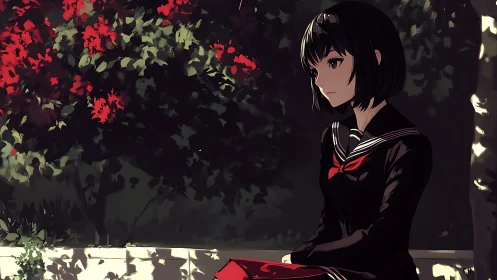 Anime schoolgirl portrait in shaded garden environment.