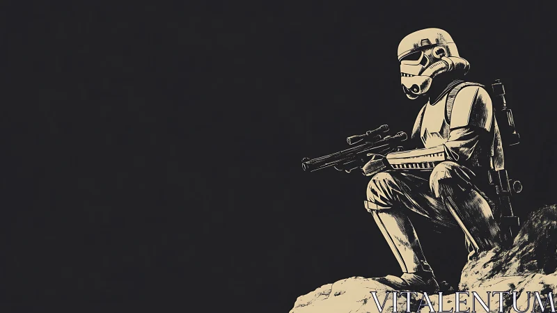 Stormtrooper soldier crouches armed on rocky outcrop at night
