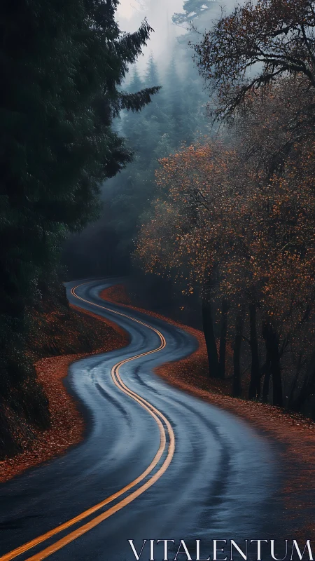 Wet mountain road curves through misty autumn forest