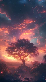 Solarborn world tree crowned by emberlit cosmic dusk.