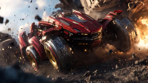 Roaring red rover charging through a blazing rocky battlefield.