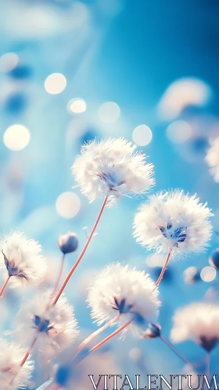 Delicate Dandelion Seeds Glowing Against Blue Sky.