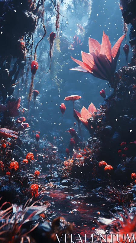 Crimson forest stream hums softly beneath bioluminescent snow