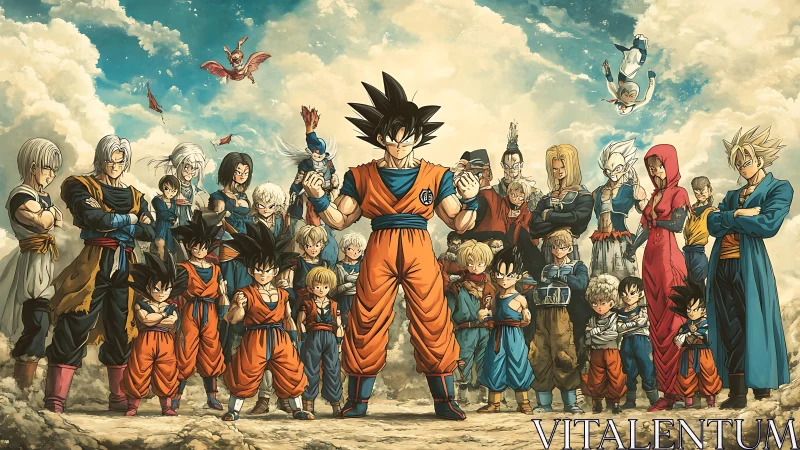 Dragon Ball heroes assemble under dramatic cloudscape sky.