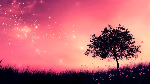 Silhouetted tree under glowing pink sunset sky.